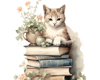 Könnte beinhalten: Eine braune und weiße Tabby-Katze sitzt auf einem Stapel Bücher mit einer Topfpflanze daneben. Die Katze schaut den Betrachter mit einem neugierigen Ausdruck an. Die Bücher sind alt und haben abgenutzte Einbände. Die Pflanze steht in einem braunen Topf und hat rosa Blüten.