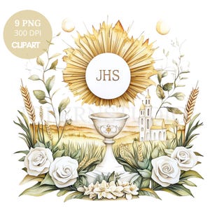 Clipart de Primera Comunión PNG, Paquete de 9 de alta calidad, Acuarela de Jesús Eucaristía y Cáliz, Pegatinas imprimibles Goodnotes, Descarga digital/715