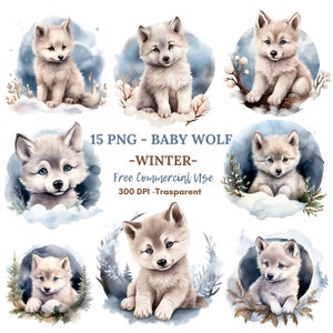 Winter Baby Wolf Clipart PNG, paquete 15 JPG de alta calidad, descarga digital, pegatinas, fabricación de tarjetas, medios mixtos, artesanía de papel digital/ 79
