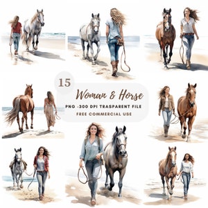 Femme et cheval Clipart PNG Bundle 15 haute qualité, aquarelle fille, autocollants imprimables, téléchargement numérique, fabrication de cartes, créations numériques en papier | 300