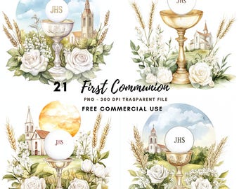 First Communion Clipart PNG,Bundle 21 High Quality, Watercolor Eucharist and Chalice,Printable Stickers Goodnotes, Digital Download| 713