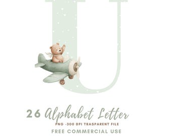 May include: A watercolour illustration of the letter "U" in a pale green shade, decorated with small white hearts. A teddy bear in a vintage aeroplane is featured. The text "26 Alphabet Letter" and other details are at the bottom.