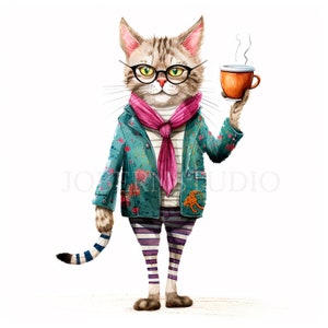 Verrückte Katzen Clipart PNG Bundle 15 hochwertige JPG, lustige Katzen mit Kaffee, digitaler Download, Kartenherstellung, Mixed Media, digitales Papierhandwerk | 267