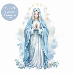 Imágenes Prediseñadas de la Virgen María, paquete 15 PNG de alta calidad, acuarela azul Nuestra Señora, descarga digital, pegatinas imprimibles, artesanía de papel digital/ 485