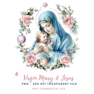 Clipart Vergine Maria, bundle 6 PNG di alta qualità, acquerello Maria e Gesù, adesivi stampabili Goodnotes, download digitale, carta digitale/501