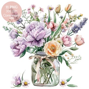 Vase of Flower Clipart Bundle 11 High Quality PNG, Watercolor Wild ...