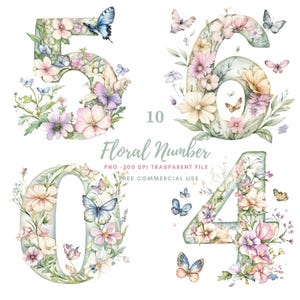 Puede incluir: Números florales en acuarela: 0, 4, 5 y 6. Cada número está adornado con flores y mariposas de colores pastel. Los números están en un estilo acuarela suave, con un fondo transparente. El texto "Floral Number" está presente.