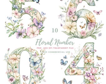 May include: Watercolor floral numbers 0, 4, 5, and 6. Each number is adorned with pastel-colored flowers and butterflies. The numbers are in a soft, watercolor style, with a transparent background. The text "Floral Number" is also present.