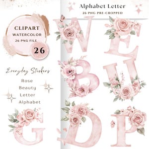 Pacote de clipart de letras do alfabeto floral 26 PNG de alta qualidade, letra aquarela rosa, adesivos imprimíveis Goodnotes, download digital | 663
