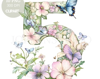 May include: Watercolor illustration of the number 5, adorned with pastel-colored flowers and butterflies. The number is outlined in a soft green hue, with pink, purple, and white flowers. Several blue butterflies are scattered around the number. The image includes the text "10 PNG 300 DPI CLIPART".