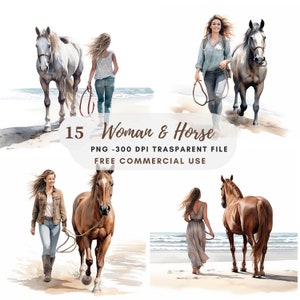 Femme et cheval Clipart PNG Bundle 15 haute qualité, aquarelle fille, autocollants imprimables, téléchargement numérique, fabrication de cartes, créations numériques en papier | 300