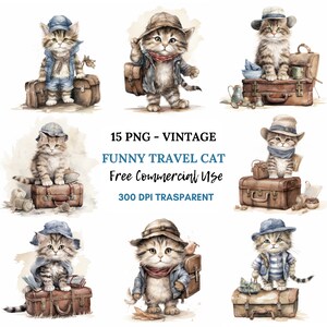 Crazy Cat Clipart PNG Bundle 15 High Quality JPG,Funny Travel Cats,Digital Download,Card Making,Mixed Media,Digital Paper Craft| 123