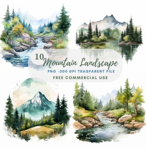 PNG di paesaggio di montagna Clipart, bundle 14 alta qualità, montagna dell'acquerello, download digitale, creazione di carte, supporti misti, artigianato con carta digitale /202
