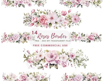 May include: A set of 14 watercolor floral borders featuring pink and white roses, leaves, and greenery. The borders are perfect for adding a touch of elegance to any project.