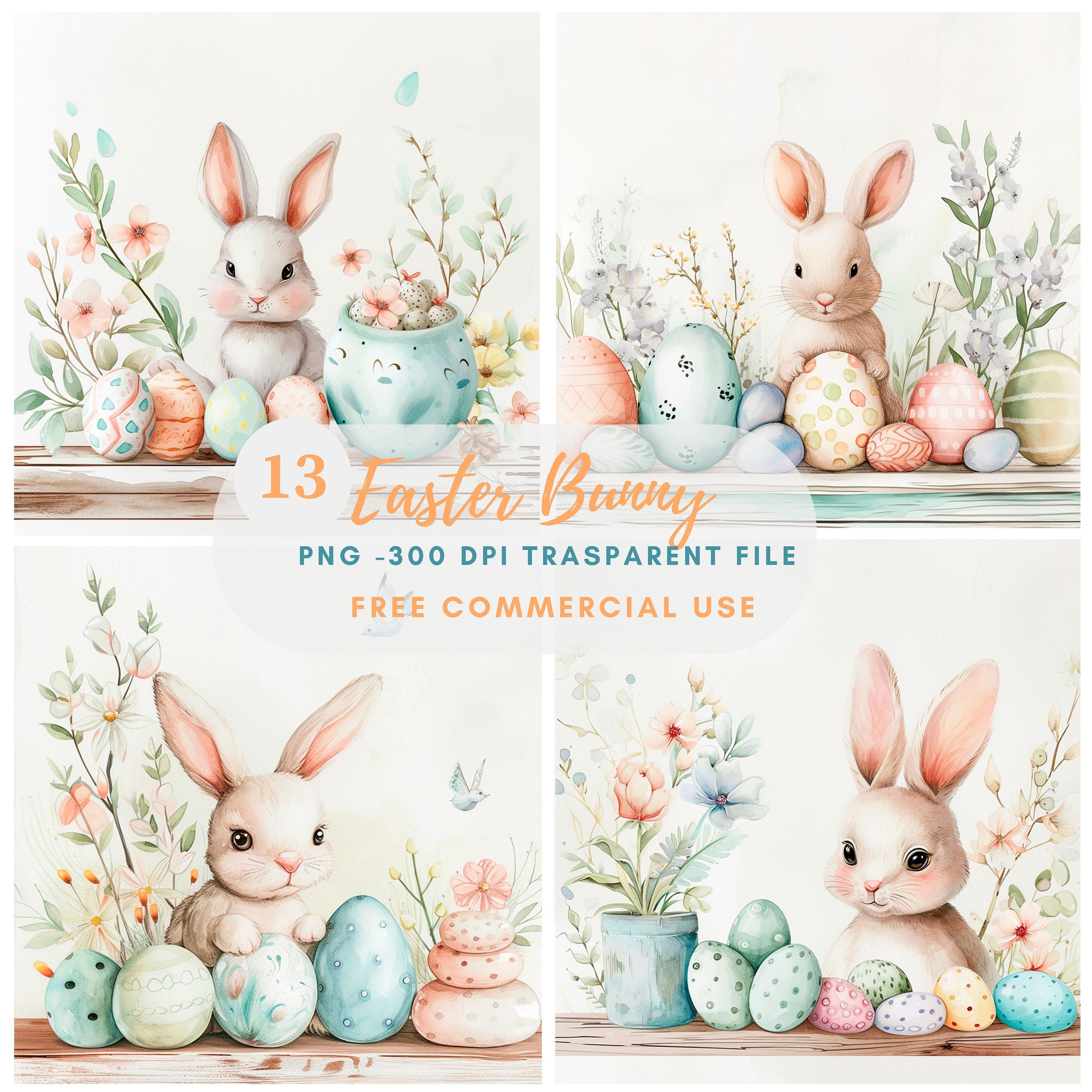 Easter Bunny Clipart PNG Bundle 10 High Quality JPG, Easter Watercolor ...