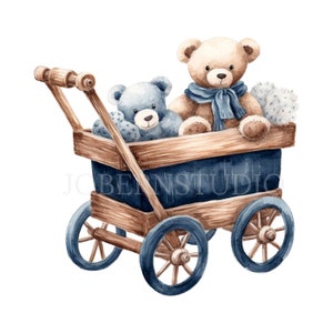 Blue Teddy Bear Nursery Clipart PNG,35 High Quality JPGs,Watercolor Digital Download,Card Making, Digital Paper Craft| 75
