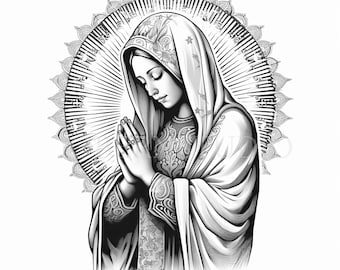 Puede incluir: Una ilustración en blanco y negro de la Virgen María rezando con las manos juntas. Lleva una túnica larga y un velo. Está rodeada por un halo de luz y un mandala decorativo.