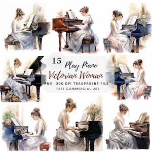 Donna vittoriana suonare il pianoforte Clipart PNG, Bundle 15 JPG di alta qualità, Download digitale, Creazione di carte, Mestiere di carta digitale, Adesivi stampabili / 138