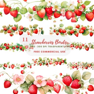 Paquete de imágenes prediseñadas de guirnalda de fresas 11 PNG de alta calidad, borde de fruta de acuarela, corona, descarga digital, fabricación de tarjetas, artesanía de papel digital/361