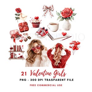 Paquete de 21 imágenes prediseñadas de chica de San Valentín en formato PNG de alta calidad/mujer amante de la acuarela/descarga digital, pegatinas imprimibles Goodnotes/725