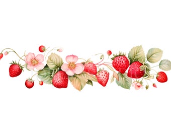 Strawberries Garland Clipart Bundle 11 High Quality PNG, Watercolor Fruit Border,Wreath,Digital Download,Card Making,Digital Paper Craft|361