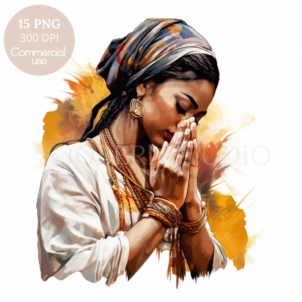 Black Woman Praying Clipart PNG,Bundle 15 High Quality JPG,Digital Download,Card Making,Digital Paper Craft, Printable Stickers| 108