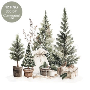 May include: Watercolour illustration of a winter scene with small pine trees, a burlap sack, and wrapped gifts. The trees are decorated with small red berries and the gifts are tied with twine.