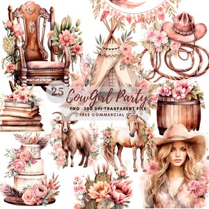 Aquarel Cowgirl Party Clipart PNG, Bundel 25 Hoge kwaliteit JPG, Digitale download, Kaart maken, Digitale papierkunst, Afdrukbare stickers | 72