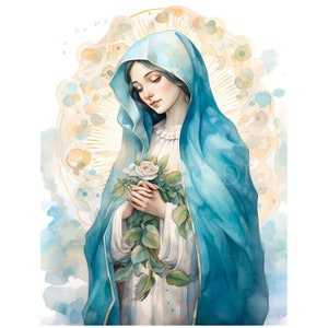 Clipart Vergine Maria, bundle 10 PNG di alta qualità, acquerello vintage Santa Maria, download digitale, creazione di cartoline, supporti misti, creazione di carta digitale/170