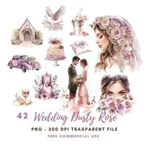 Clipart de Rosas Empoeiradas de Casamento em Aquarela PNG | Pacote de Noivos 42 de Alta Qualidade | Adesivos Imprimíveis Goodnotes | Download Digital | 782