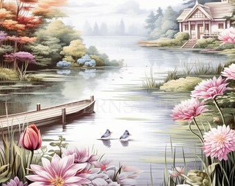 Jardin d'eau Clipart JPG, lot de 15 haute qualité, fleurs de jardin paysager, téléchargement numérique, fabrication de cartes, techniques mixtes, créations numériques en papier | 320