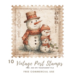 Vintage Post Stamps Christmas Snowman Clipart PNG,Bundle 10 High Quality ,Beige Snowman,Printable Stickers Goodnotes, Digital Download| 924