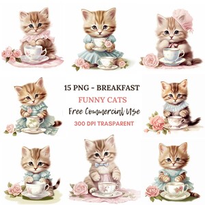 Pacchetto PNG di gatti divertenti Clipart 15 JPG di alta qualità, gatti vintage acquerello, download digitale, creazione di carte, supporti misti, artigianato in carta digitale/ 141