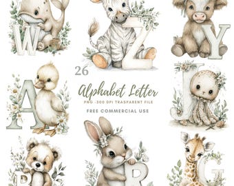 May include: Watercolour illustrations of baby animals with alphabet letters. The image features a whale with the letter "W", a zebra with "Z", a cow with "Y", a duck with "A", a bear with "B", a bunny with "R", a jellyfish with "J", and a giraffe with "G".
