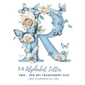 Pacchetto di clipart di lettere dell'alfabeto floreale 26 PNG di alta qualità, farfalle di lettere ad acquerello, adesivi stampabili Goodnotes, download digitale/ 676