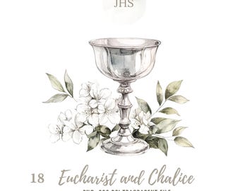 First Communion Clipart PNG,Bundle 18 High Quality,Watercolor Jesus Eucharist and Chalice,Printable Stickers Goodnotes, Digital Download|811
