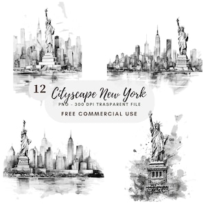 New York Skyline Clipart PNG, paquete 12 de alta calidad, tinta negra de paisaje urbano, pegatinas imprimibles, descarga digital, creación de tarjetas, medios mixtos/420