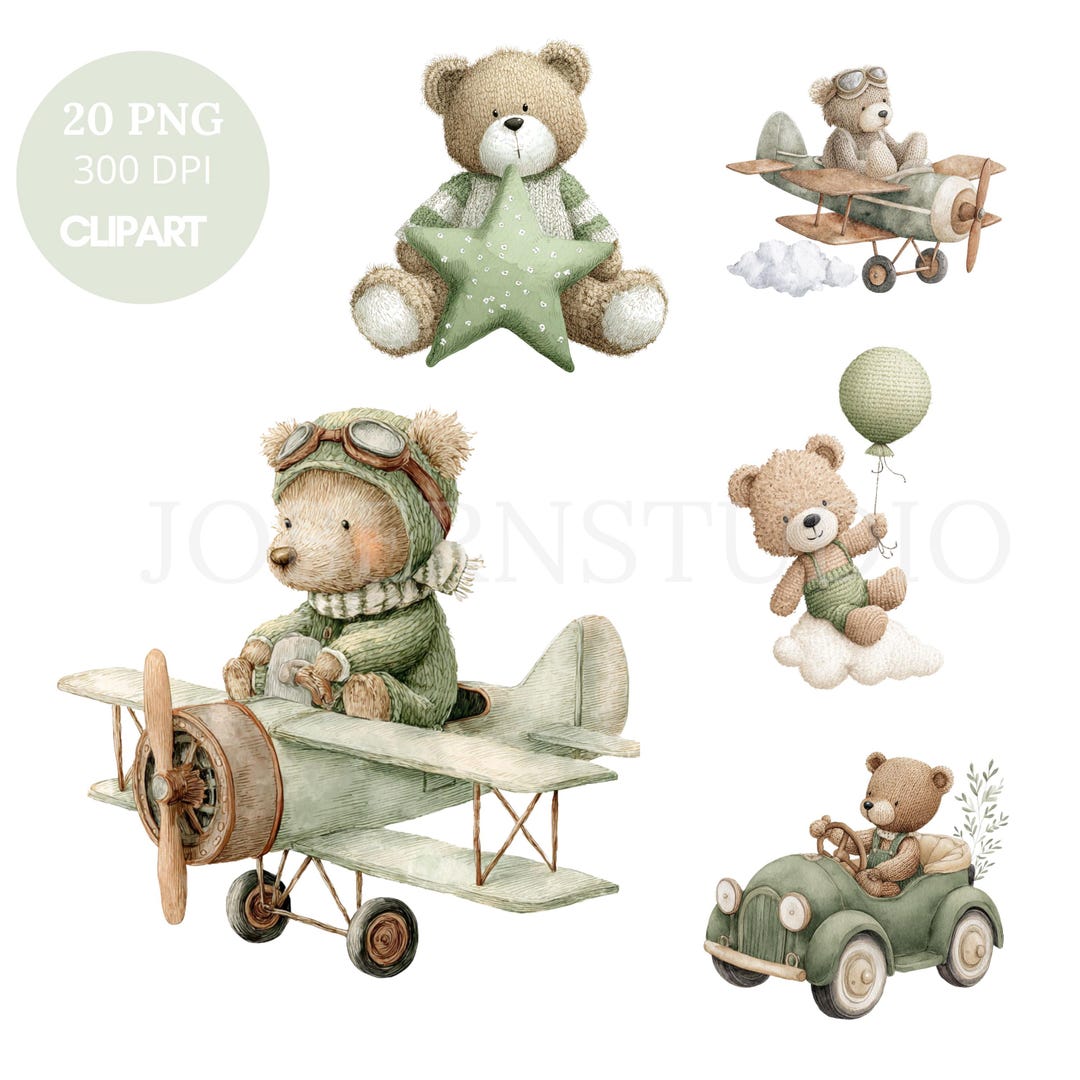 Green Teddy Bear Nursery Clipart PNG Bundle 20 High Quality| Watercolor ...