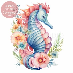 Caballito de mar Clipart PNG, Paquete 12 de alta calidad, Caballito de mar de acuarela, submarino, Pegatinas imprimibles, Descarga digital, Creación de tarjetas, Papel digital/ 447