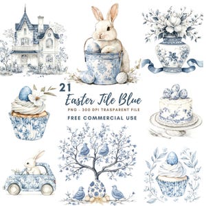 May include: A set of 21 blue and white Easter themed digital illustrations. The illustrations include a bunny in a bucket, a cupcake, a cake, a vase with flowers, a tree with birds, and a car with a bunny. The text "21 Easter Tile Blue" is included in the image. PNG - 300 DPI Transparent File FREE COMMERCIAL USE