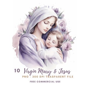 Vergine Maria Clipart, Pacchetto 10 PNG di alta qualità, Acquerello lilla Santa Maria, Adesivi stampabili Goodnotes, Download digitale, Carta digitale /631