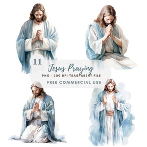 Paquete de imágenes prediseñadas de Jesucristo 11 PNG de alta calidad, acuarela Jesús orando, descarga digital, fabricación de tarjetas, medios mixtos, artesanía de papel digital / 337