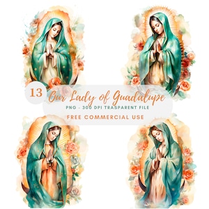 Nostra Signora di Guadalupe Clipart PNG,15 Alta qualità,Acquerello Vergine Maria Download digitale,Creazione di cartoline, Tecnica mista, Mestiere di carta digitale/ 373