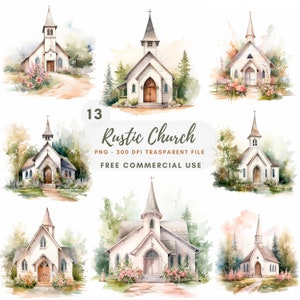 Clipart de igreja rústica PNG, pacote 13 de alta qualidade, casamento em aquarela na igreja, download digital, confecção de cartão, papel digital, adesivo para impressão | 405