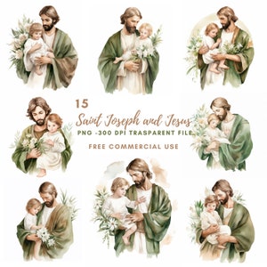 Pacchetto Clipart San Giuseppe 15 PNG di alta qualità, San Giuseppe con Gesù, Download digitale, Creazione di cartoline, Supporti misti, Artigianato in carta digitale/ 253