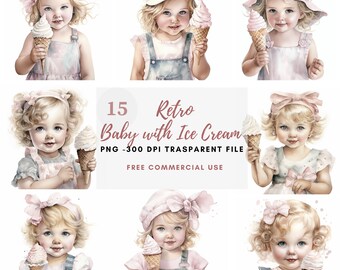Aquarell Retro Baby Eis Clipart PNG, Bundle 15 hohe Qualität, digitaler Download, Kartenherstellung, digitales Papierhandwerk, druckbare Aufkleber 117