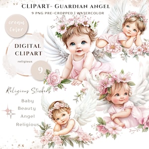 Pacchetto di clipart PNG con 9 immagini PNG di alta qualità, angelo carino acquerello rosa, adesivi stampabili Goodnotes, download digitale/775