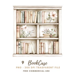Puede incluir: Ilustración en acuarela de una estantería blanca llena de libros de varios colores. La estantería está decorada con detalles florales. El texto en la parte inferior dice "9 BookCase PNG - 300 DPI TRASPARENT FILE FREE COMMERCIAL USE."