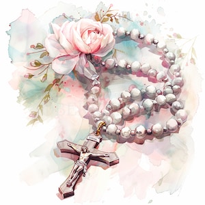Pacchetto di clipart rosario fiore 14 PNG di alta qualità, acquerello croce rosa, download digitale, creazione di carte, supporti misti, artigianato in carta digitale/ 235