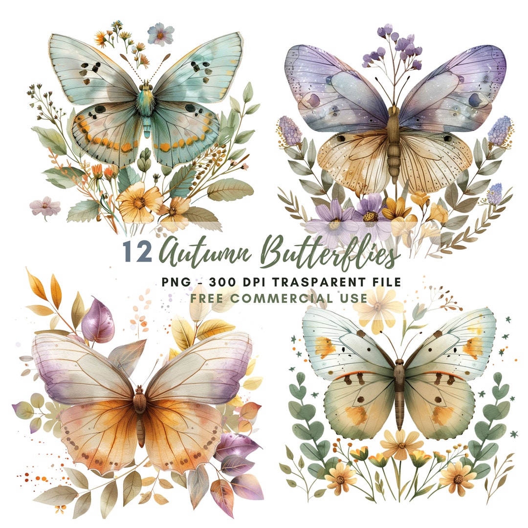 Autumn Butterflies Clipart, Bundle 12 High Quality Png,watercolor ...
